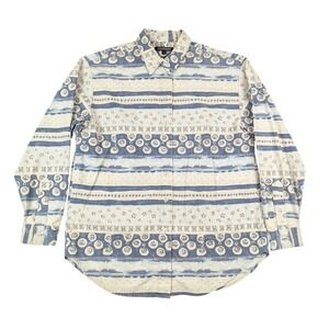Vintage Guess Collection Mens L Blue Cream‎ Floral Batik Cotton Shirt USA Made